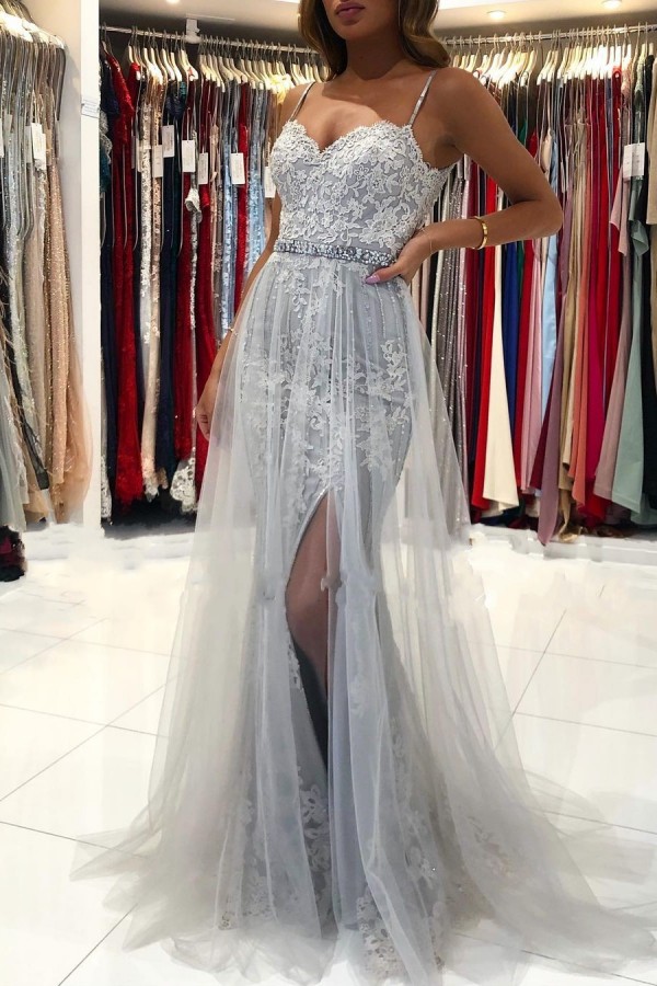 A-line Spaghetti Straps Sleeveless Floor-length Tulle Formal Dress With Ribbons 1