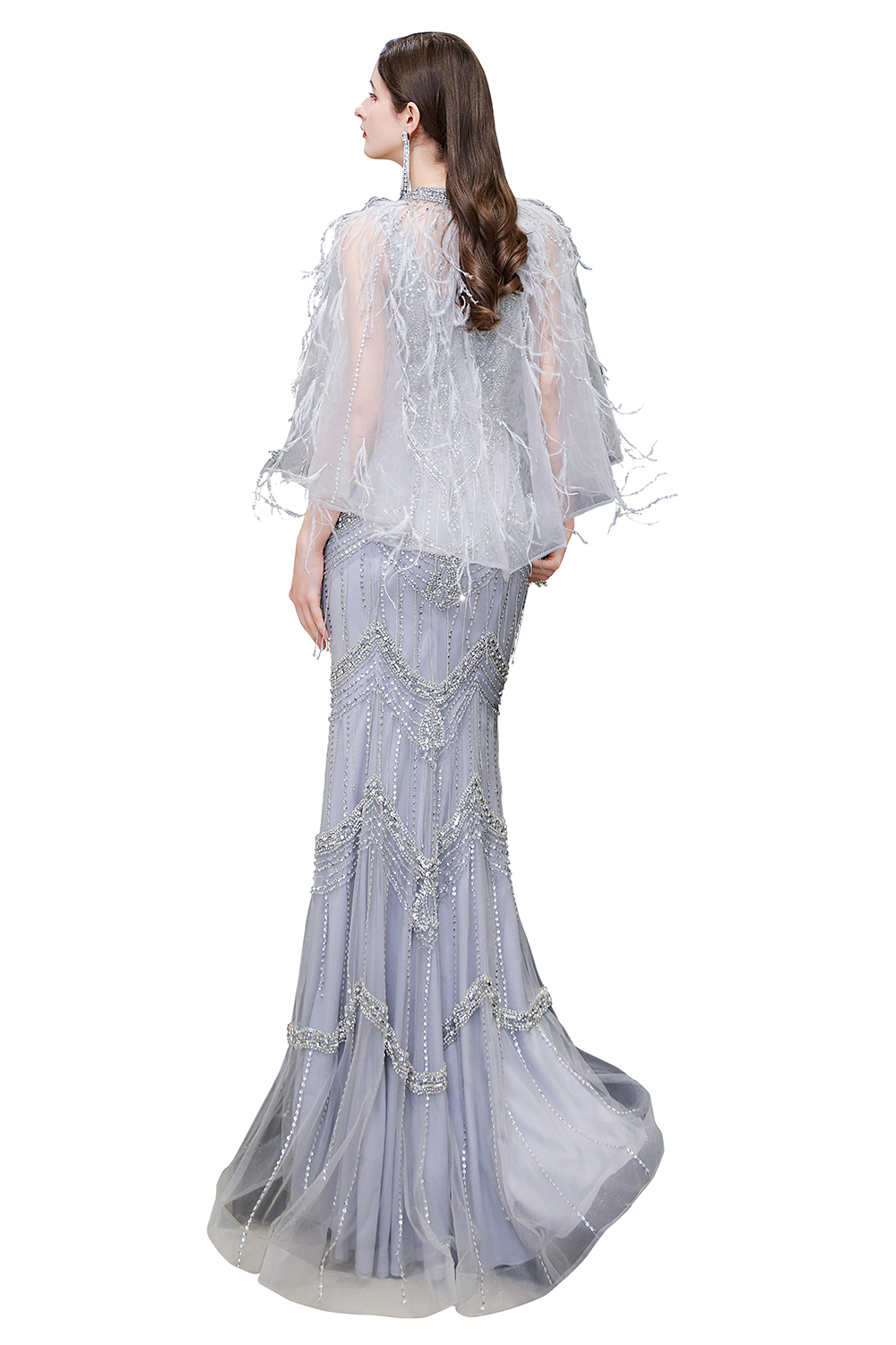 Mermaid V-neck Sleeveless Court Train Tulle Evening Gown With Feathers 15