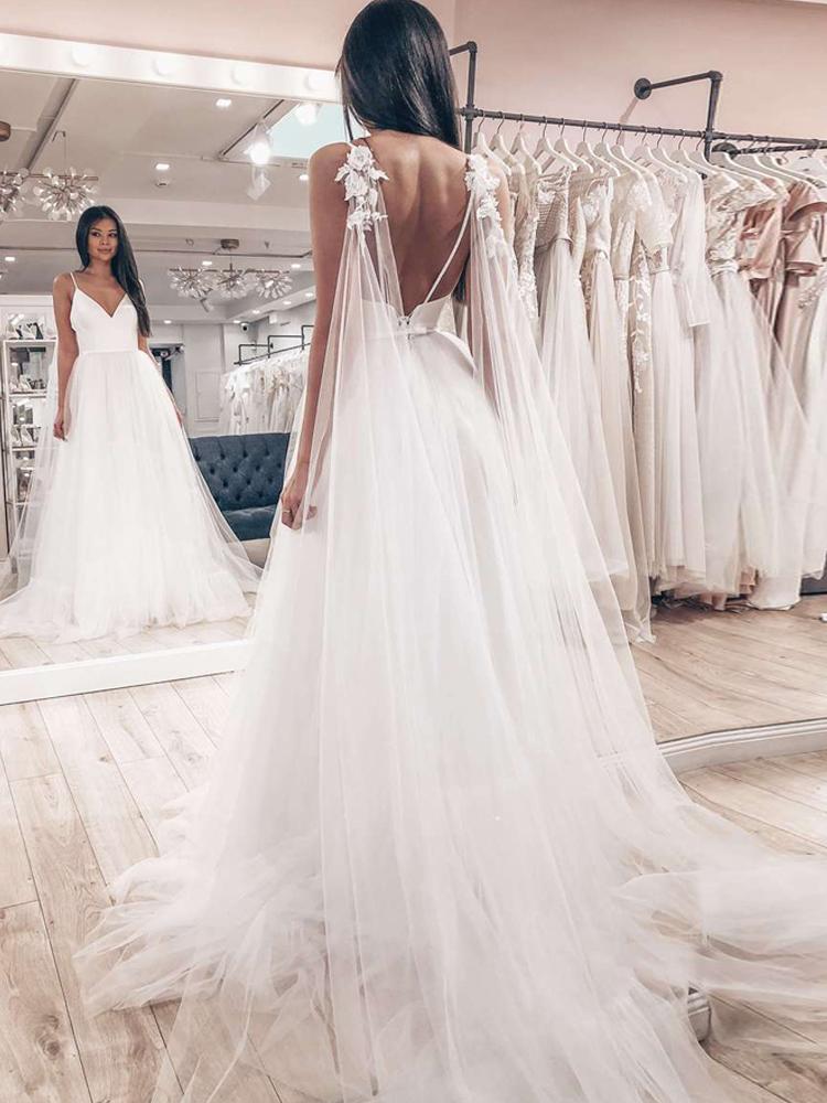 A-line Spaghetti Straps Sleeveless Floor-length Tulle Bridal Gown With Appliques 2