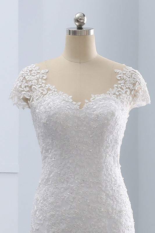 Mermaid Jewel Neck Short Sleeves Floor-length Tulle Bridal Attire With Appliques 5