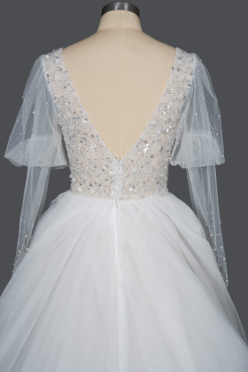 A-line V-neck Long Sleeves Cathedral Train Tulle Wedding Gown With Lace 2