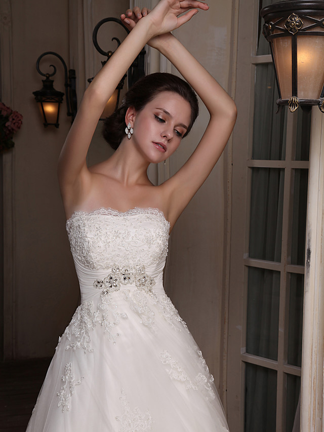 A-line Strapless Sleeveless Tulle Wedding Dress With Chapel Train 6