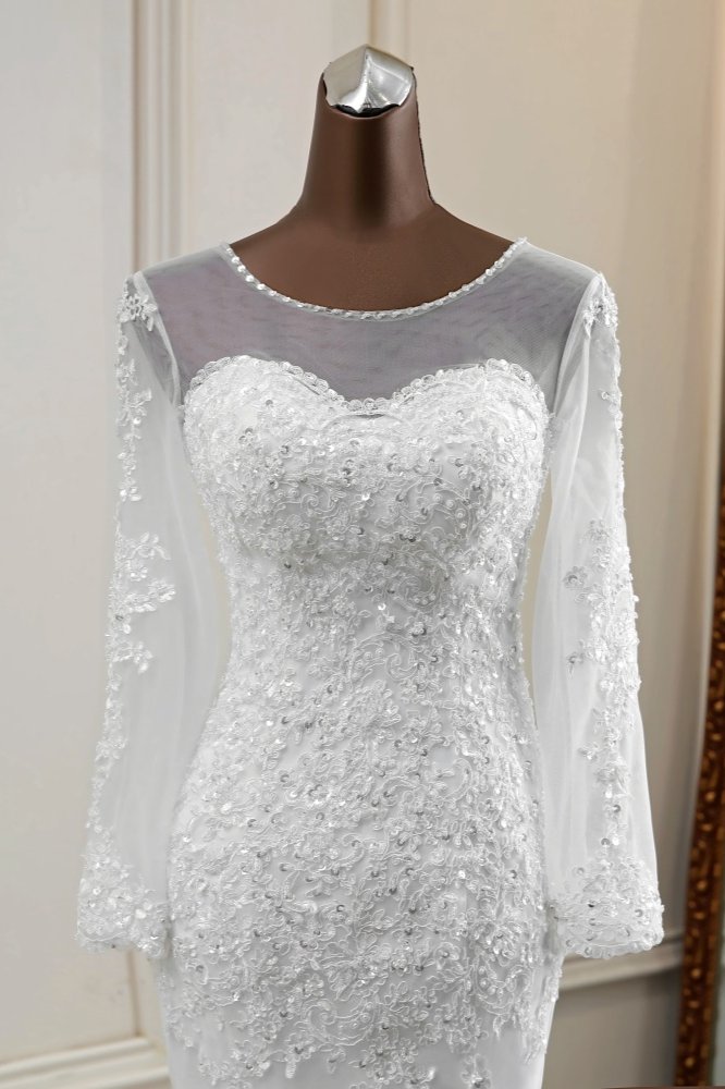 Mermaid Jewel Neck Long Sleeves Floor-length Tulle Bridal Dress With Lace 5