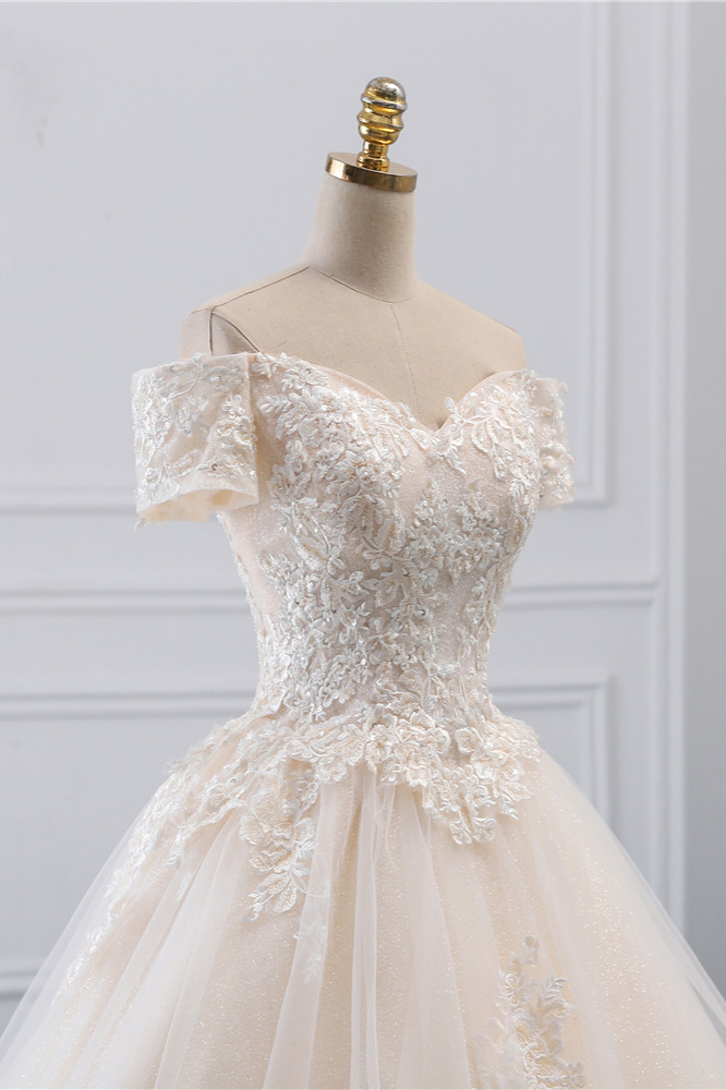 A-line Bateau Neck Short Sleeves Cathedral Train Tulle Wedding Gown With Appliques 5
