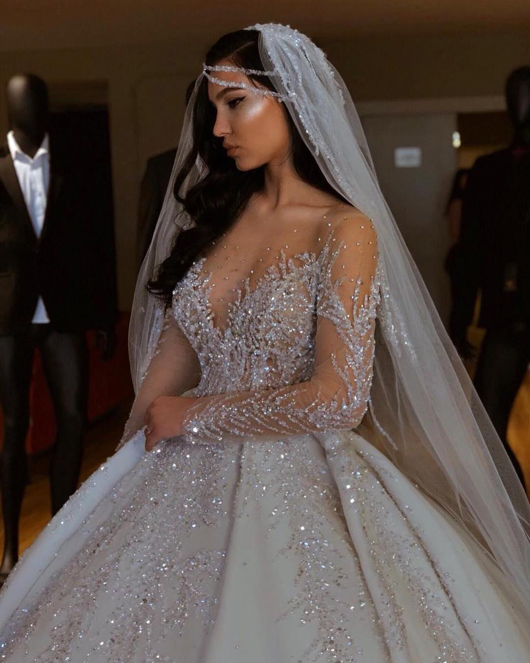 Ball Gown Jewel Neck Long Sleeves Cathedral Train Lace Wedding Gown With Crystal 4