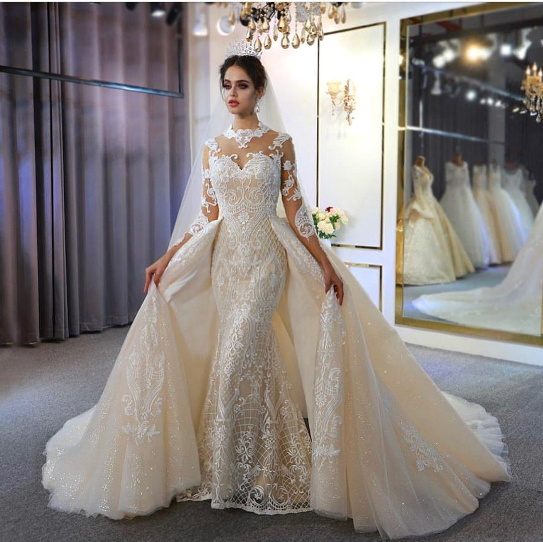 Mermaid Jewel Neck Long Sleeves Floor-length Tulle Bridal Dress With Appliques 2