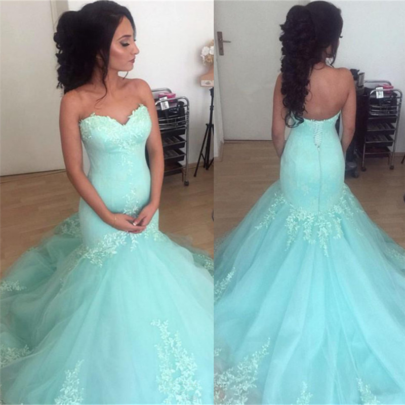 Mermaid Sweetheart Neck Sleeveless Court Train Tulle Evening Dress With Lace 2