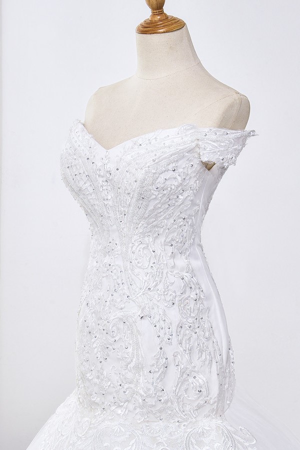 Mermaid Off-the-shoulder Sweetheart Neck Sleeveless Floor-length Tulle Bridal Attire With Beading 5