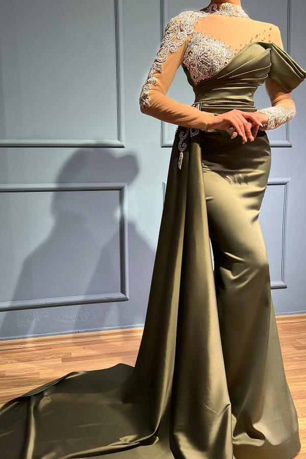 Mermaid Jewel Neck Long Sleeves Floor-length Stretch Satin Formal Wear With Appliques 3