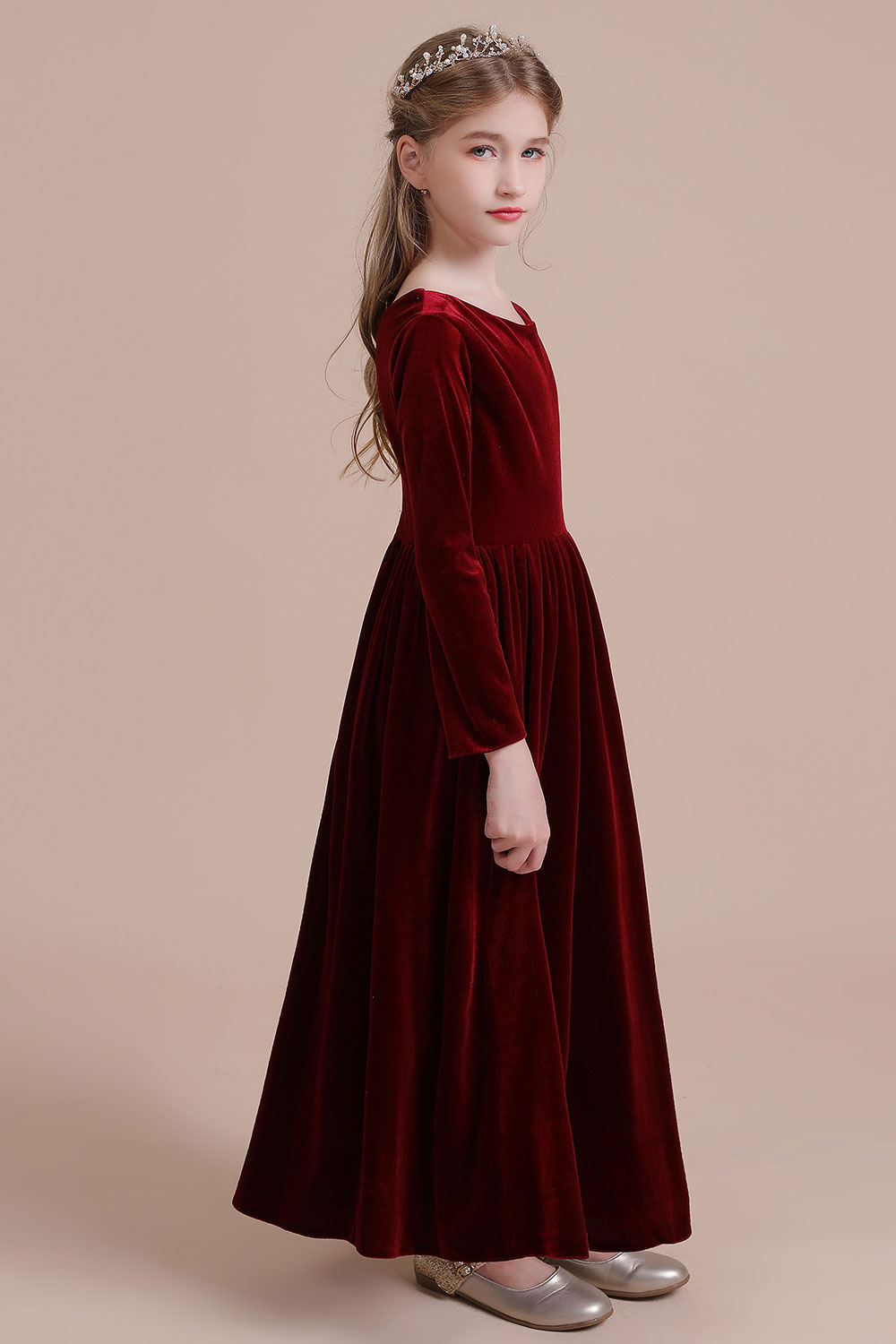 A-line Jewel Neck Long Sleeves Ankle-length Velvet Flower Girl Dress 6