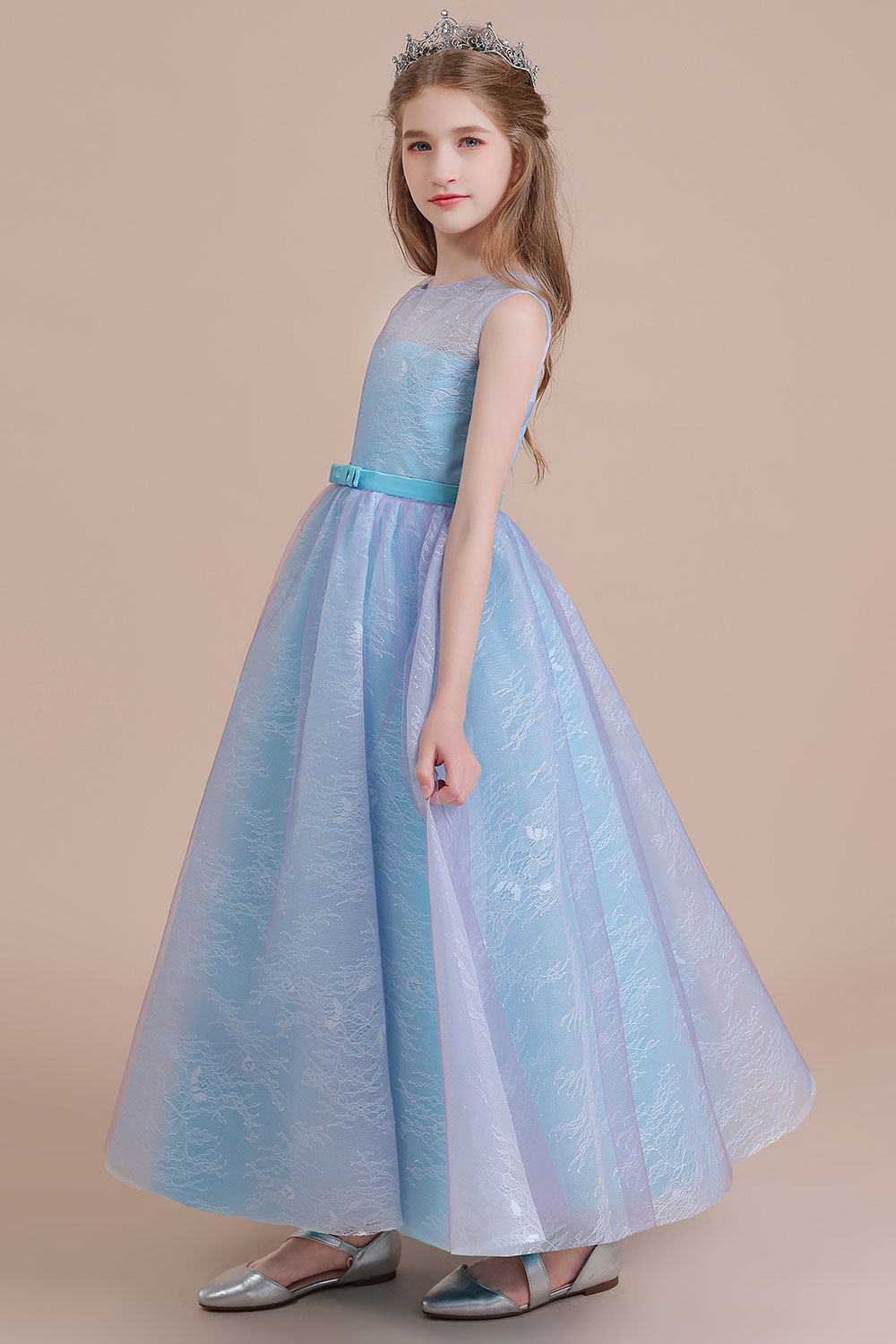 A-line Sweetheart Neck Jewel Neck Sleeveless Ankle-length Tulle Flower Girl Dress With Lace 4