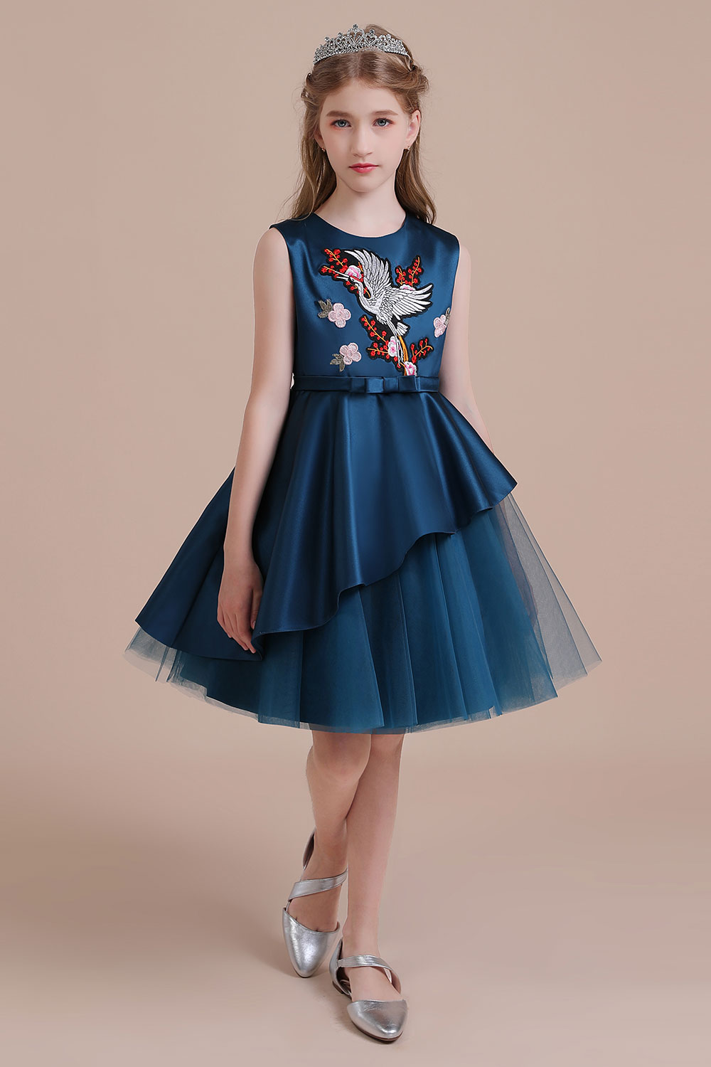 A-line Jewel Neck Sleeveless Knee-length Satin Flower Girl Dress With Embroidery 4