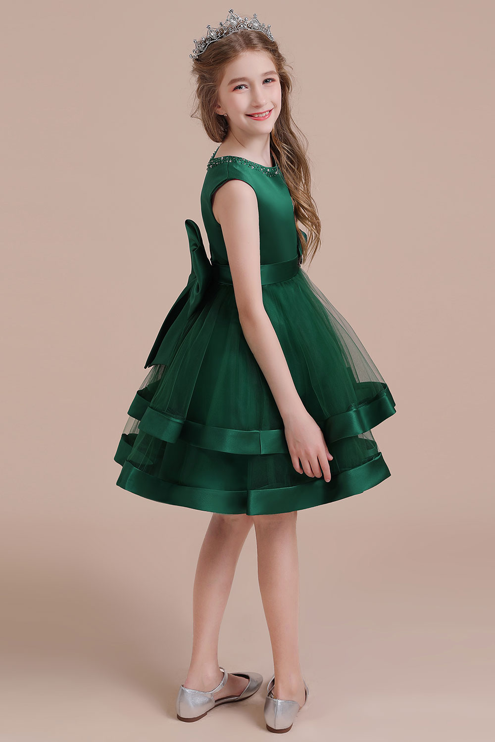 A-line Jewel Neck Sleeveless Knee-length Satin Flower Girl Dress With Bow 6