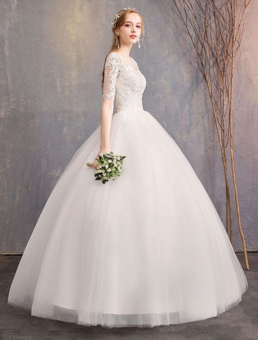 Half-Sleeves Floor-length Lace Wedding Dress With Lace 4
