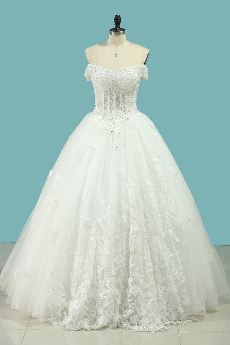 Ball Gown Off-the-shoulder Sweetheart Neck Sleeveless Floor-length Tulle Bridal Dress With Appliques 1