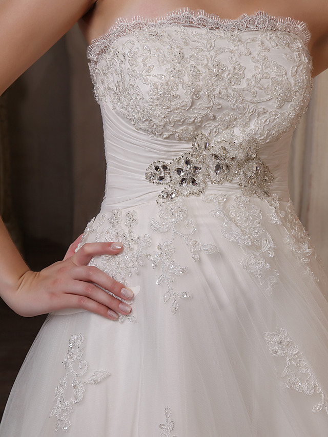 A-line Strapless Sleeveless Tulle Wedding Dress With Chapel Train 7