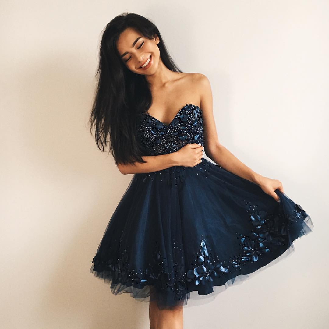 Sweetheart Navy Tulle Homecoming Dress with Beads and 3D Flowers 2