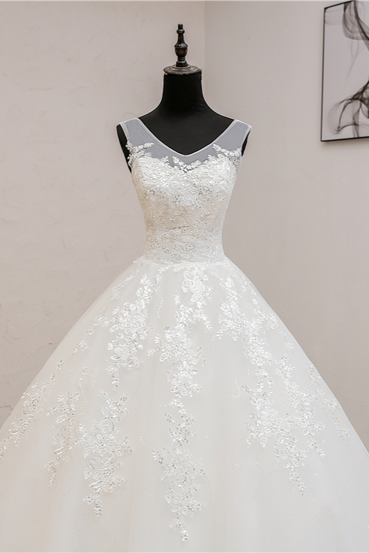 A-line Sleeveless Floor-length Tulle Bridal Dress With Appliques 5
