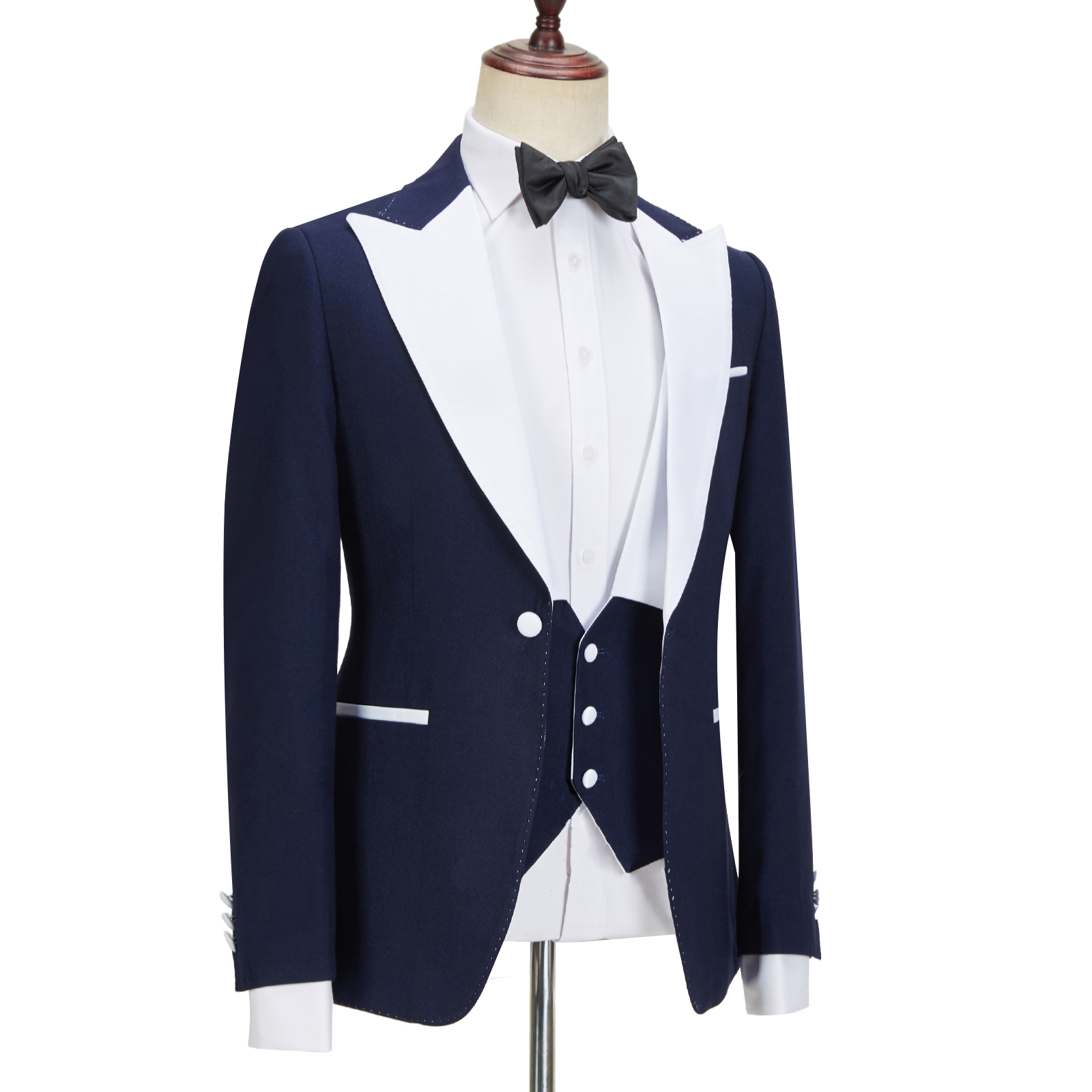 Navy Blue Peaked Lapel Slim Fit Three Pieces Men Suit 5