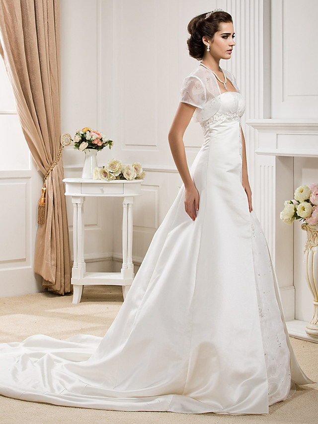 A-line Strapless Sleeveless Court Train Lace Bridal Gown With Lace 2