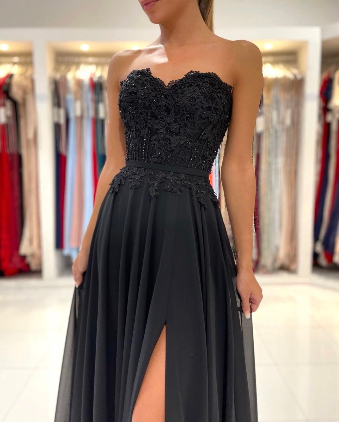 A-line Strapless Sleeveless Floor-length 100D Chiffon Formal Wear With Lace 4