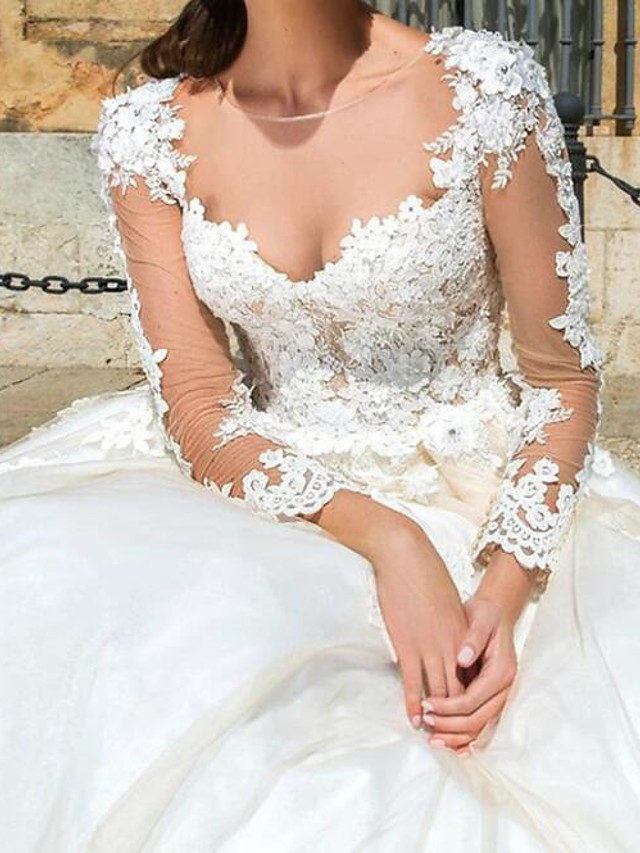 A-line Long Sleeves Court Train Tulle Bridal Gown With Lace 3