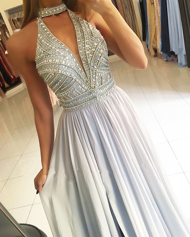 A-line High Neck Sleeveless Sweep / Brush Train 100D Chiffon Formal Dress With Crystal 2