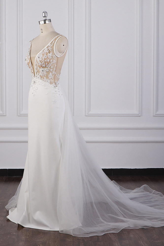 Column V-neck Sleeveless Floor-length Tulle Wedding Dress With Appliques 3