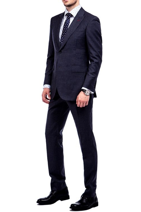 Dark Gray Small Checked Wool Blend Men's Suit with Peak Lapel 2