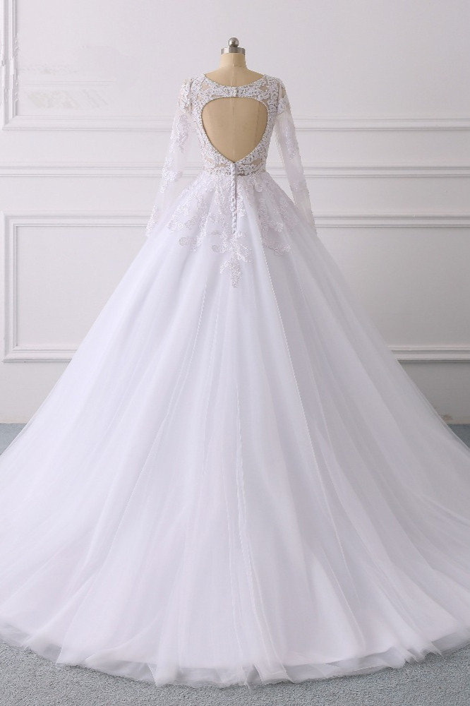 A-line V-neck Long Sleeves Floor-length Tulle Bridal Attire With Appliques 2