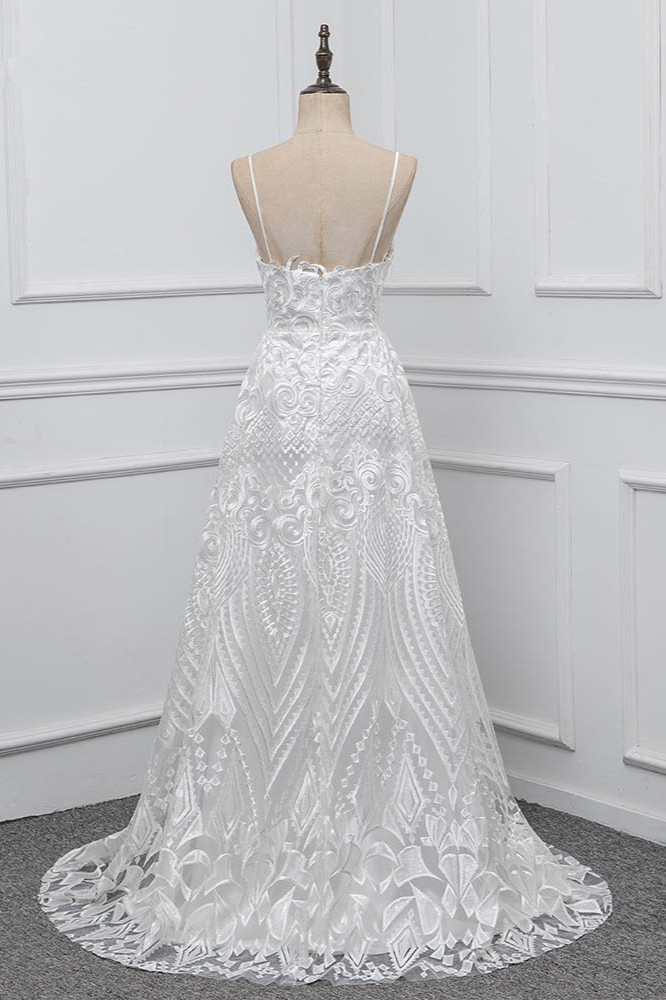 A-line Spaghetti Straps V-neck Sleeveless Floor-length Tulle Bridal Dress With Appliques 2