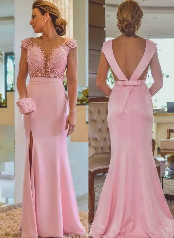 Pink Column Lace Evening Dresses | Cap Sleeves Open Back Side Slit Formal Dress -  and 1