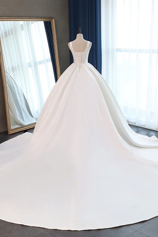 Ball Gown Plunging Neckline Sleeveless Floor-length Satin Wedding Dress With Ruffles 2