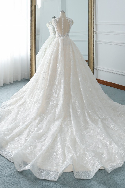 A-line Jewel Neck Sleeveless Floor-length Tulle Wedding Gown With Beading 2
