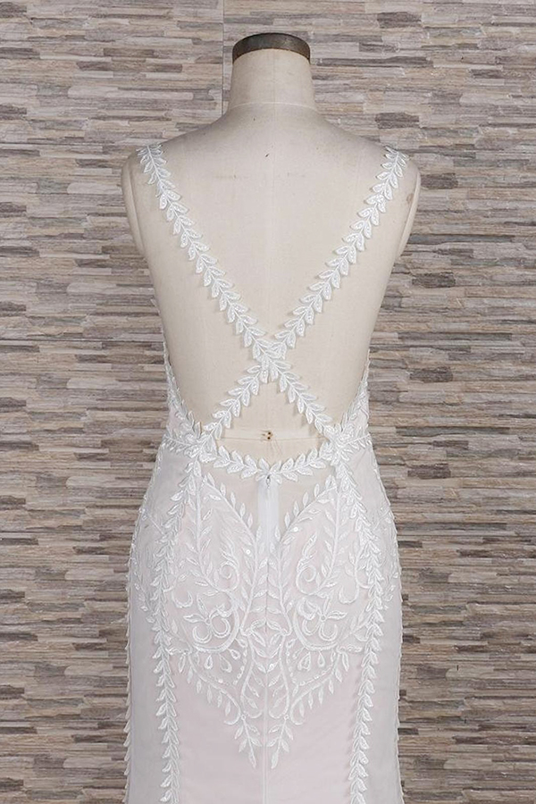 Mermaid V-neck Sleeveless Court Train Tulle Wedding Dress With Appliques 6