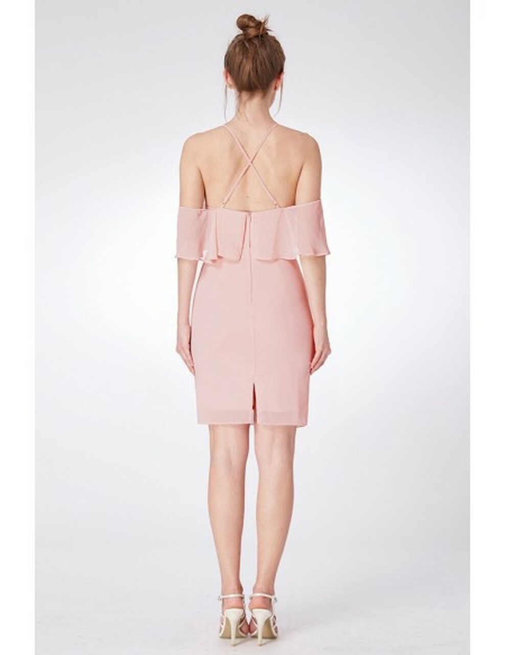 Off Shoulder Sleeves Pink Short Bridesmaid Dress 2
