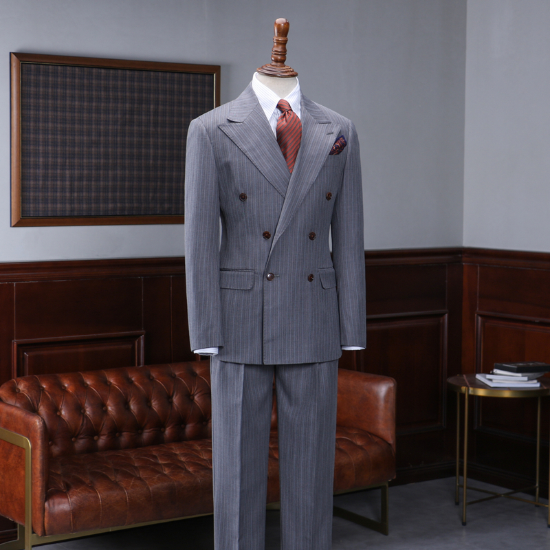 Gray Striped Peaked Lapel Double Breasted Custom Suit For Business 2