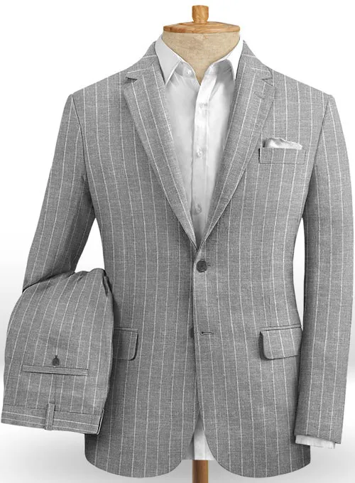 Gray Striped Linen Men Suits 2