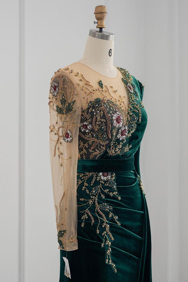 Dark Green Long Sleeve Jewel Mermaid Evening Dress Prom Gown 6