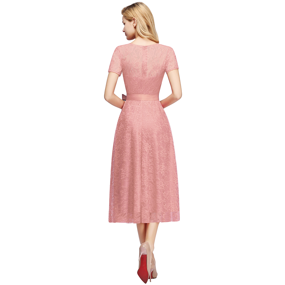 A-line V-neck Short Sleeves Mini Lace Bridesmaid Attire With Ribbons 2