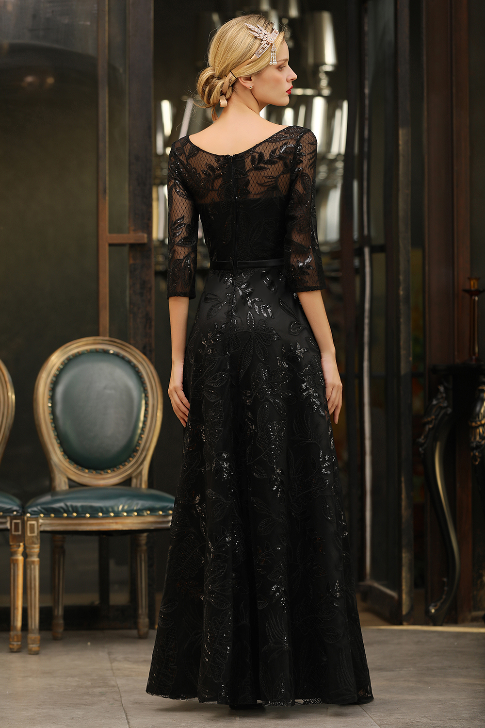 A-line Jewel Neck 3/4-Length Sleeves Floor-length Tulle Evening Dress With Sequins 2