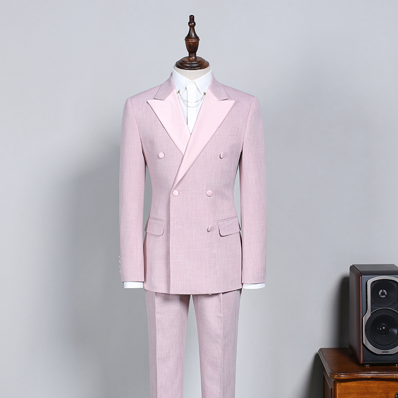 Pink Peaked Lapel Double Breasted Prom Suit 2