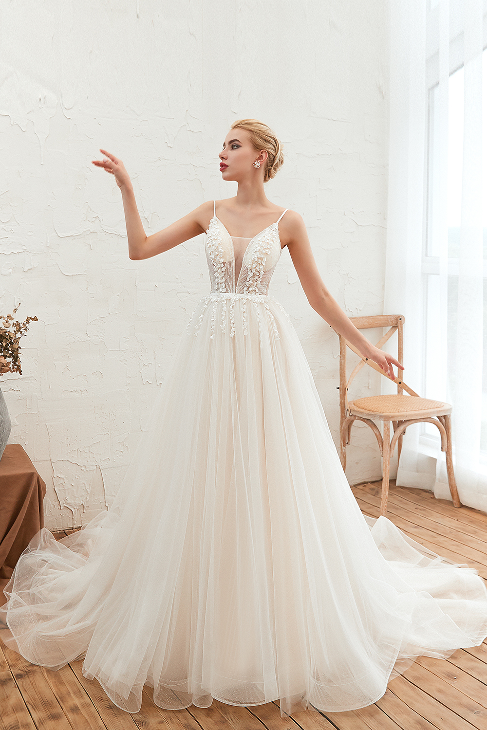 A-line Plunging Neckline Sleeveless Cathedral Train Tulle Wedding Gown With Flower(s) 10
