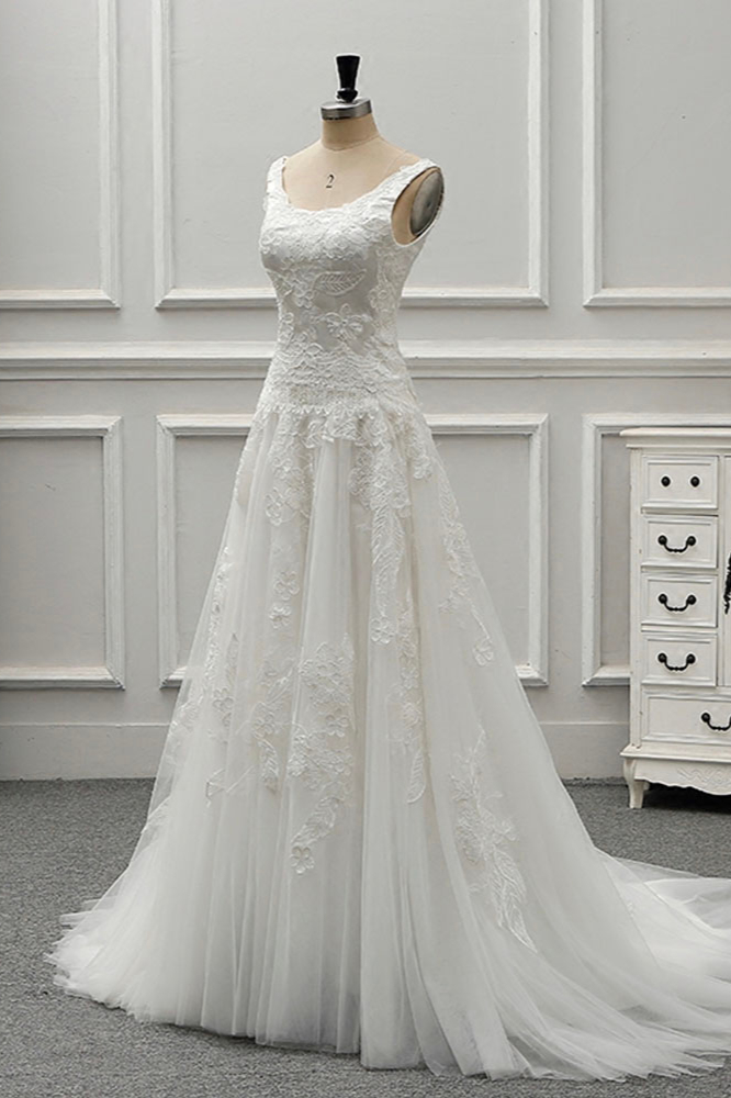 A-line Straps Jewel Neck Sleeveless Floor-length Tulle Wedding Gown With Chapel Train 3