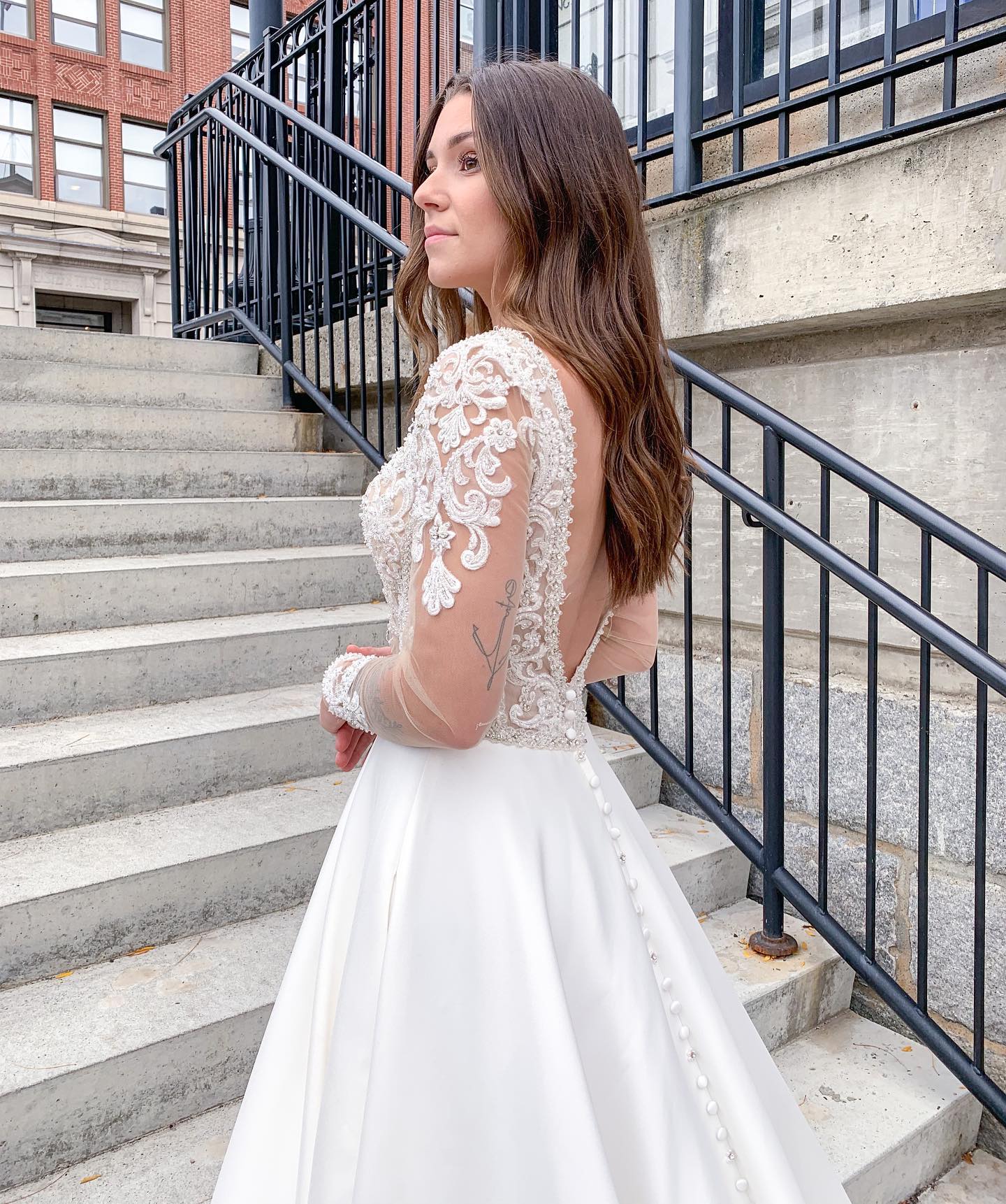 A-line V-neck Long Sleeves Chapel Train Satin Bridal Gown With Lace 2