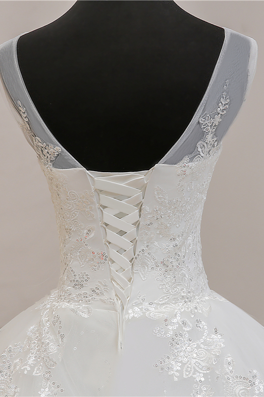 A-line Sleeveless Floor-length Tulle Bridal Dress With Appliques 6