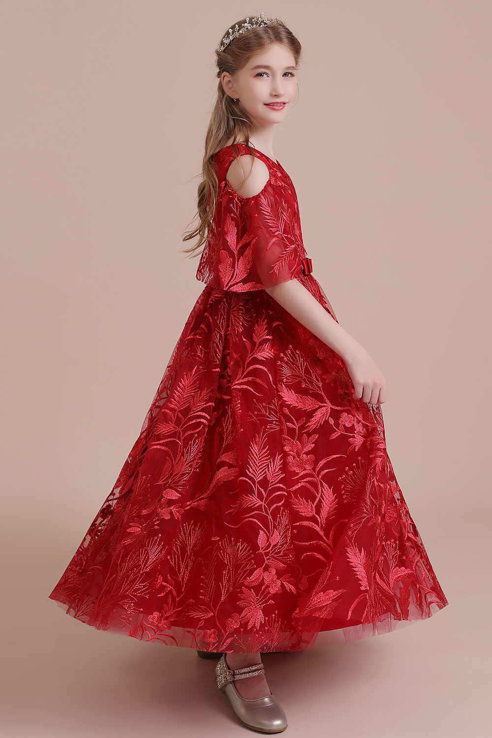 A-line V-neck Half-Sleeves Ankle-length Tulle Flower Girl Dress With Ribbons 8