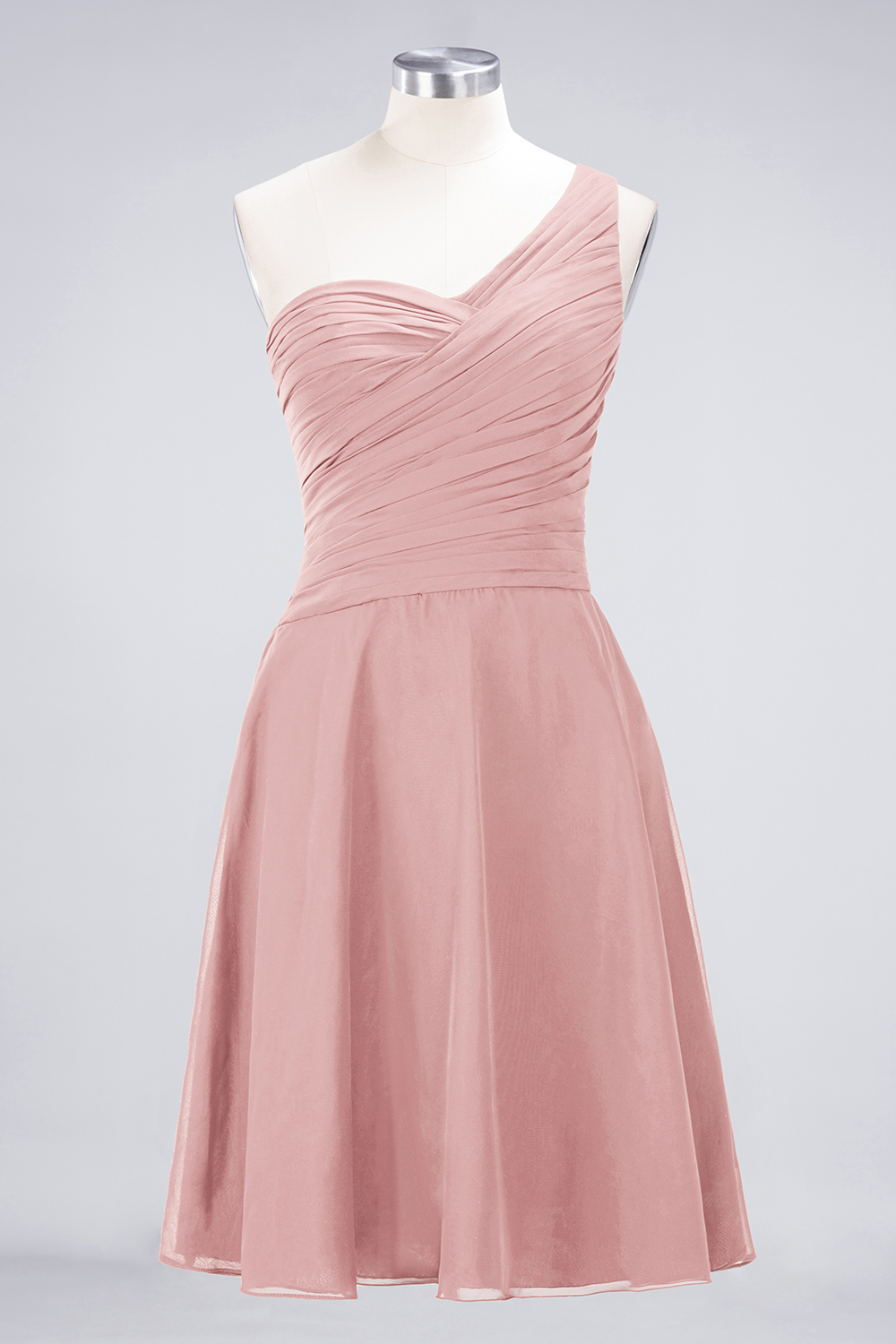 A-line One Shoulder Sweetheart Neck Sleeveless Knee-length 100D Chiffon Bridesmaid Attire With Ruffles 13