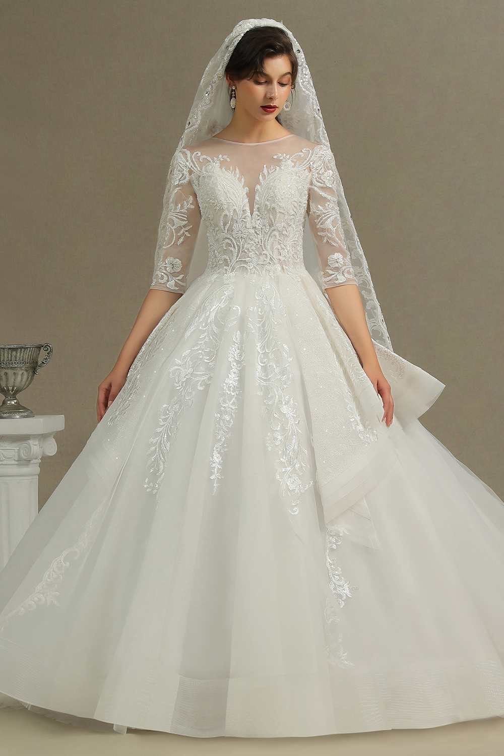 A-line Jewel Neck Half-Sleeves Cathedral Train Tulle Bridal Gown With Lace 2