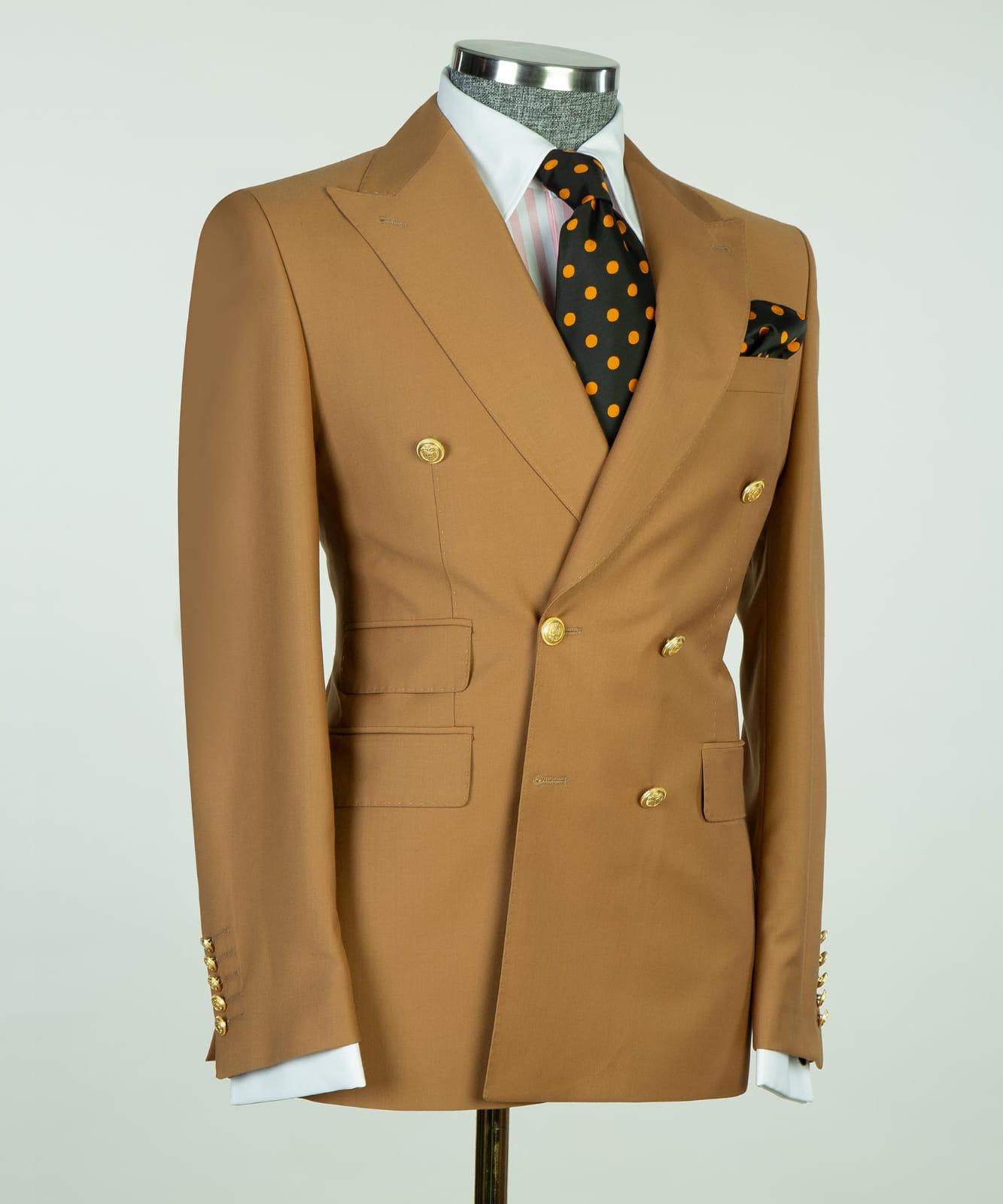 Light Brown Double Breasted Business Men Suit with Peaked Lapel 3
